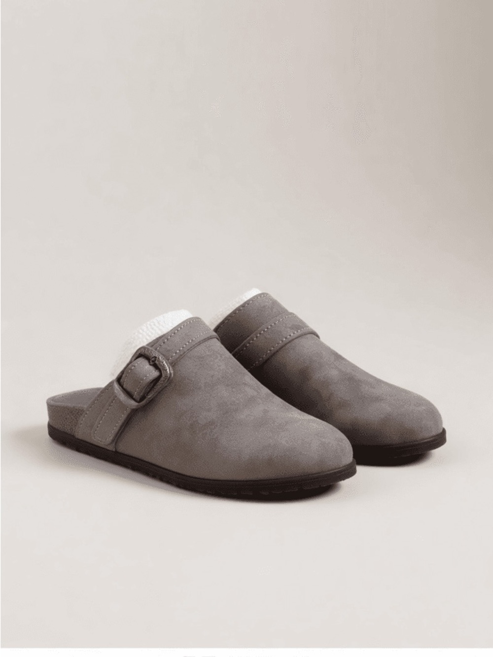Minnetonka Gray Suede Slip-On Mules with Buckle